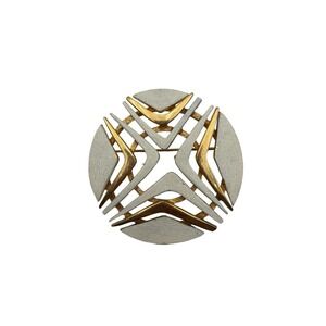 Vintage‎ Signed Roget Gold Tone White Enamel Round Geometric Brooch Pin